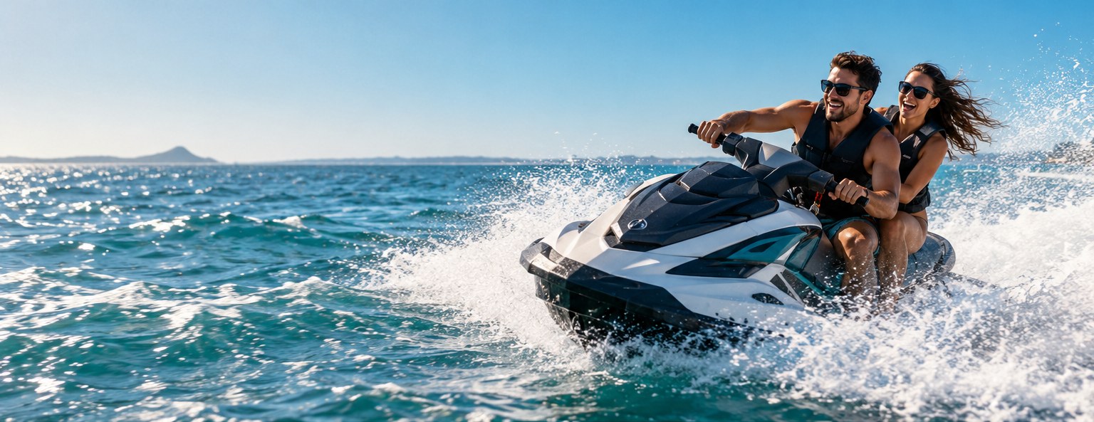 Two guests wearing life jackets on a coastal jet ski ride
