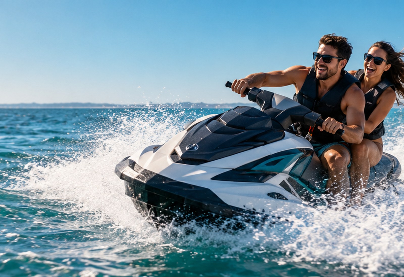 A modern premium jet ski carving through blue water