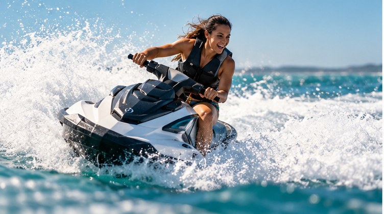 A rider wearing a fitted life jacket on a guided jet ski tour