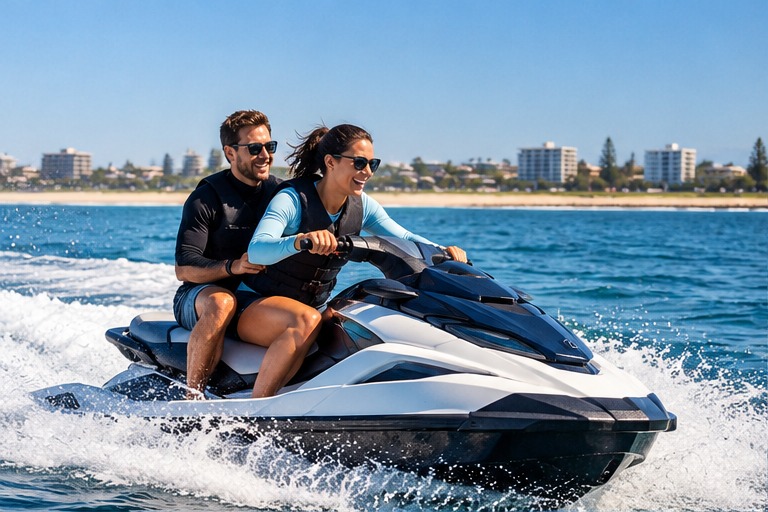 Two guests in life jackets sharing a jet ski on a sunny bay ride