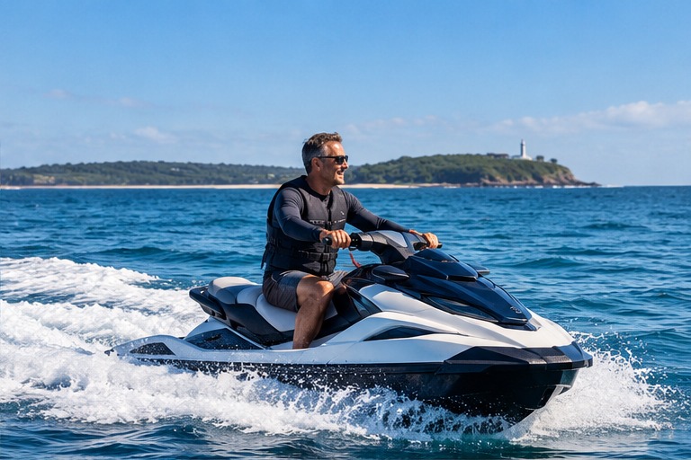 A solo rider in a life jacket cruising offshore with a headland in the distance